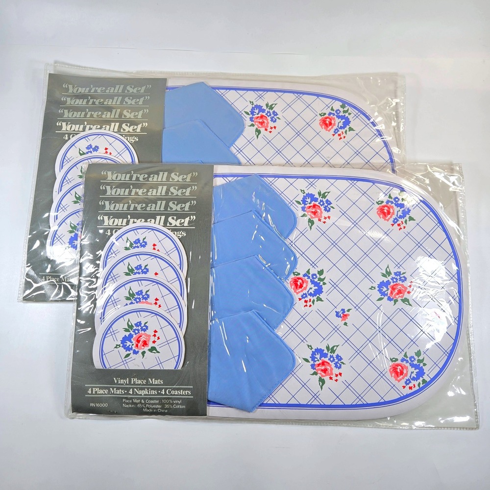 Vintage You're all Set PVC Vinyl Floral Lattice Placemats Set Service for 8